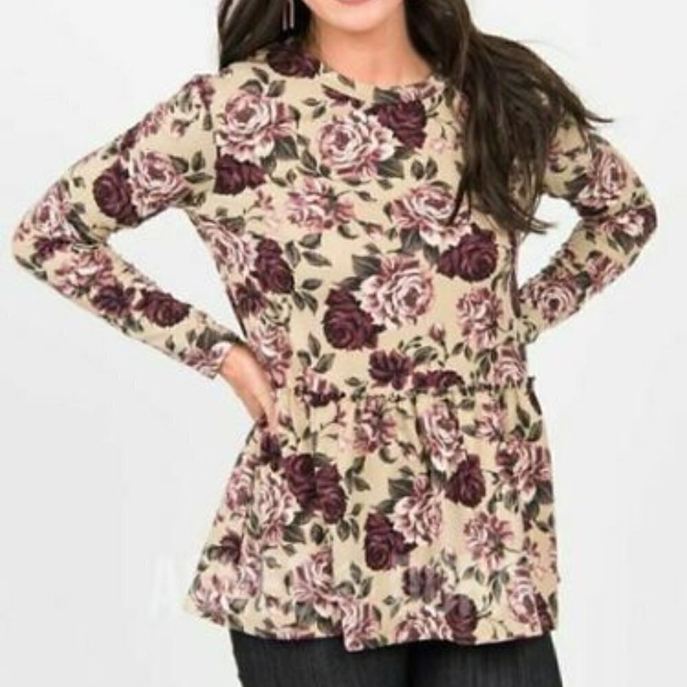 Agnes & Dora Women's Size XS Relaxed Ruffle Top Long Sleeve Taupe Rose Floral